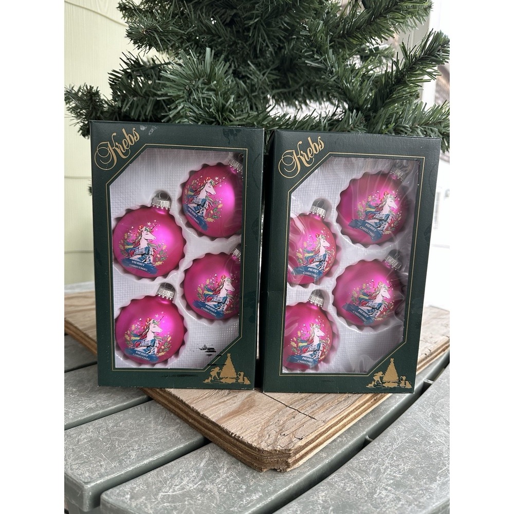 8 New Krebs Glass Ball Christmas Ornaments Pink Unicorns Merry‎ Christmas